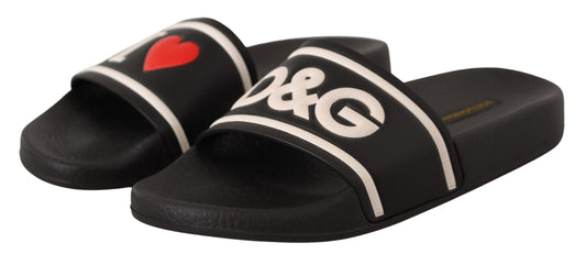 Schwarze I Love D&amp;G Slides-Sandalen aus Leder