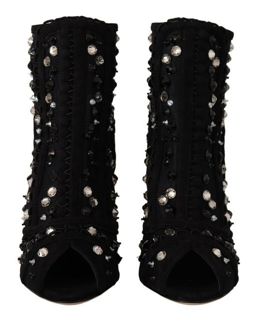 Schwarze Kristalle Heels Reißverschluss Kurze Stiefel Schuhe