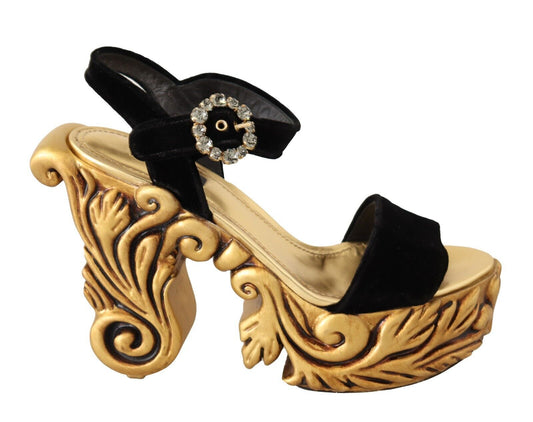 Schwarz Gold Barock Samt Heels Kristall Schuhe