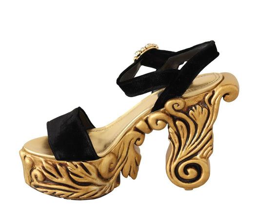 Schwarz Gold Barock Samt Heels Kristall Schuhe
