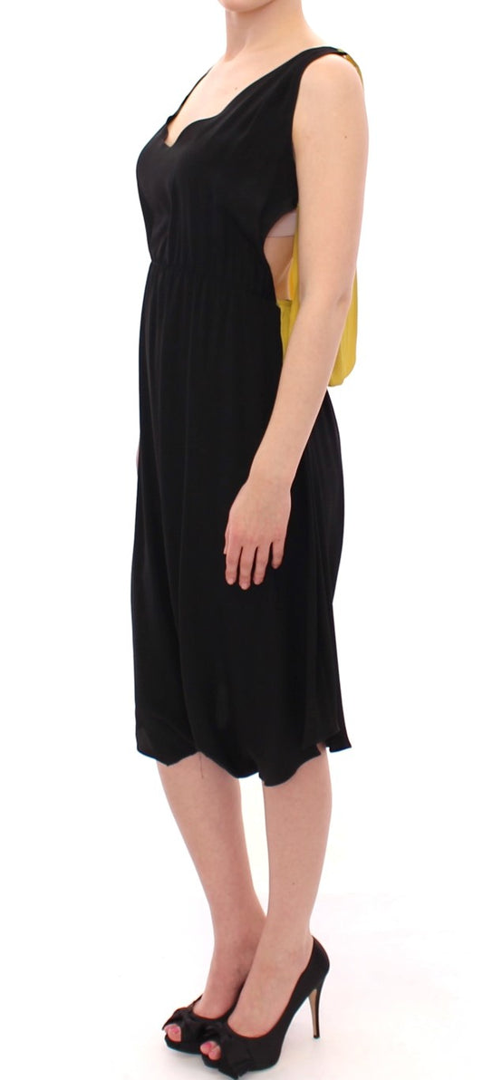 Schwarz-gelbes Etui-Cocktailkleid aus Seide