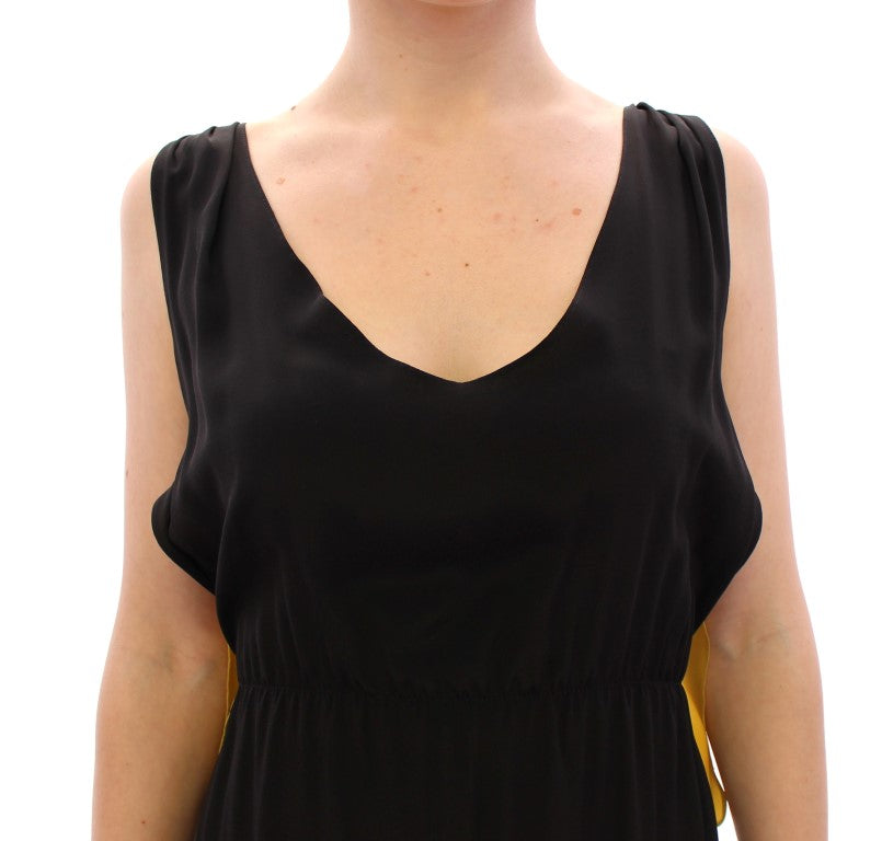 Schwarz-gelbes Etui-Cocktailkleid aus Seide