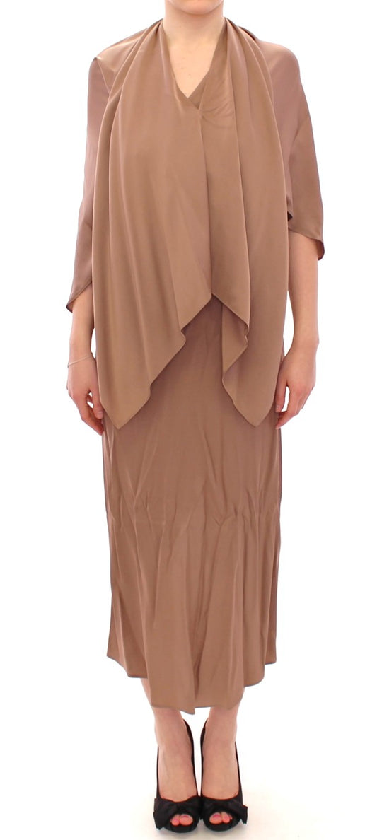 Braunes drapiertes Etui-Cocktailkleid aus Seide