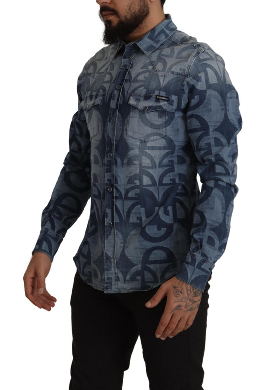 Blaues Denim-Stretch-DG-Logo, lässiges Herren-Slim-Hemd