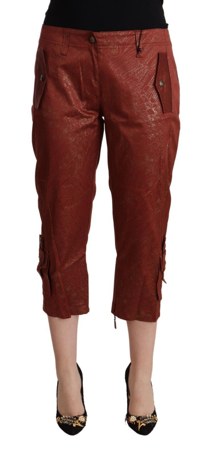 Braune, verkürzte Caprihose aus Baumwolle mit Lurex und mittlerer Taille