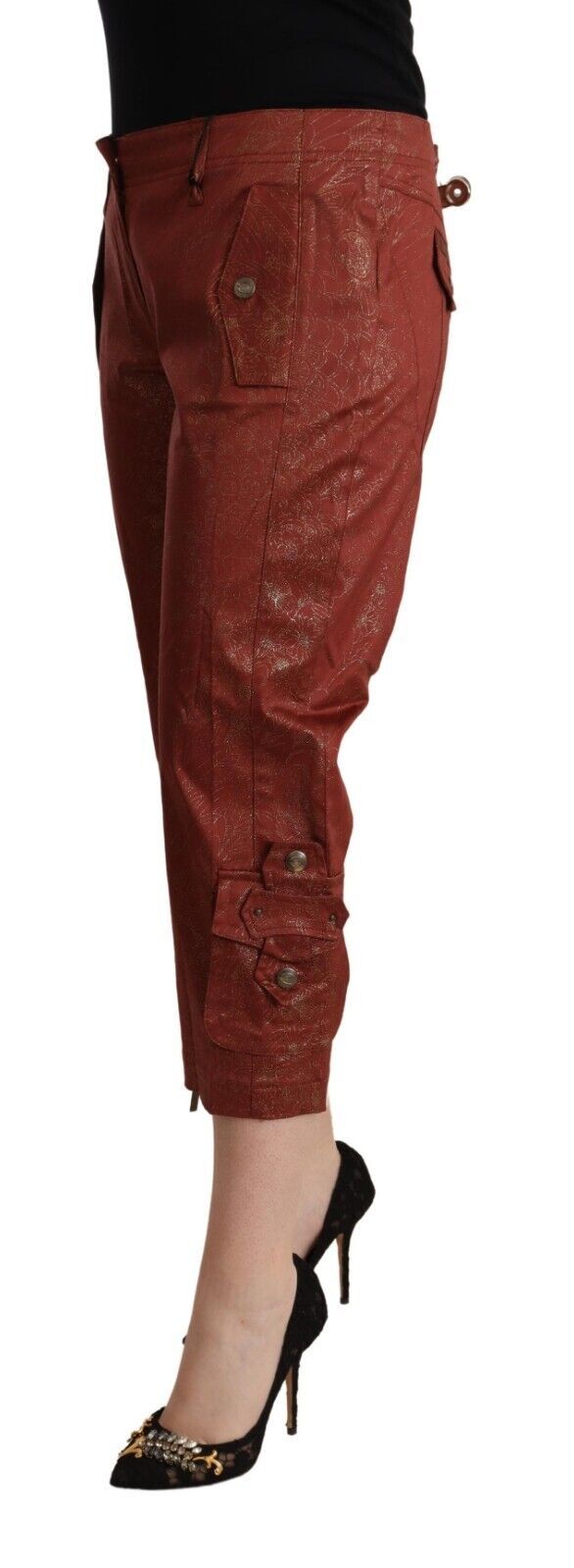 Braune, verkürzte Caprihose aus Baumwolle mit Lurex und mittlerer Taille