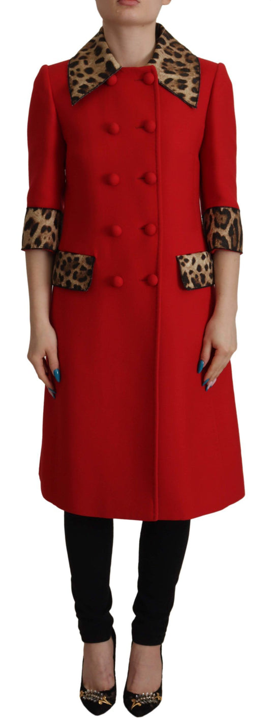 Roter Trenchcoat aus Wolle mit Leopardenmuster