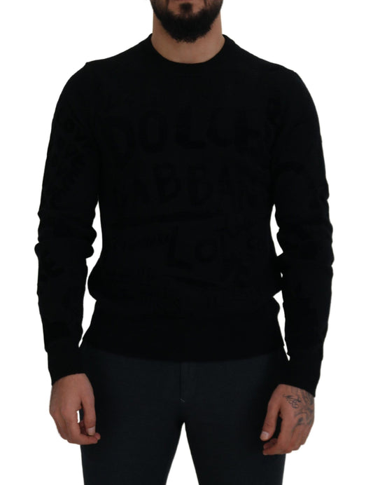 Black Wool Logo Pattern Crewneck Pullover Sweater