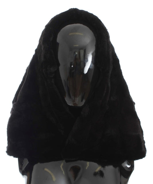 Schwarzer Wieselfell Häkelmütze mit Kapuze und Schal