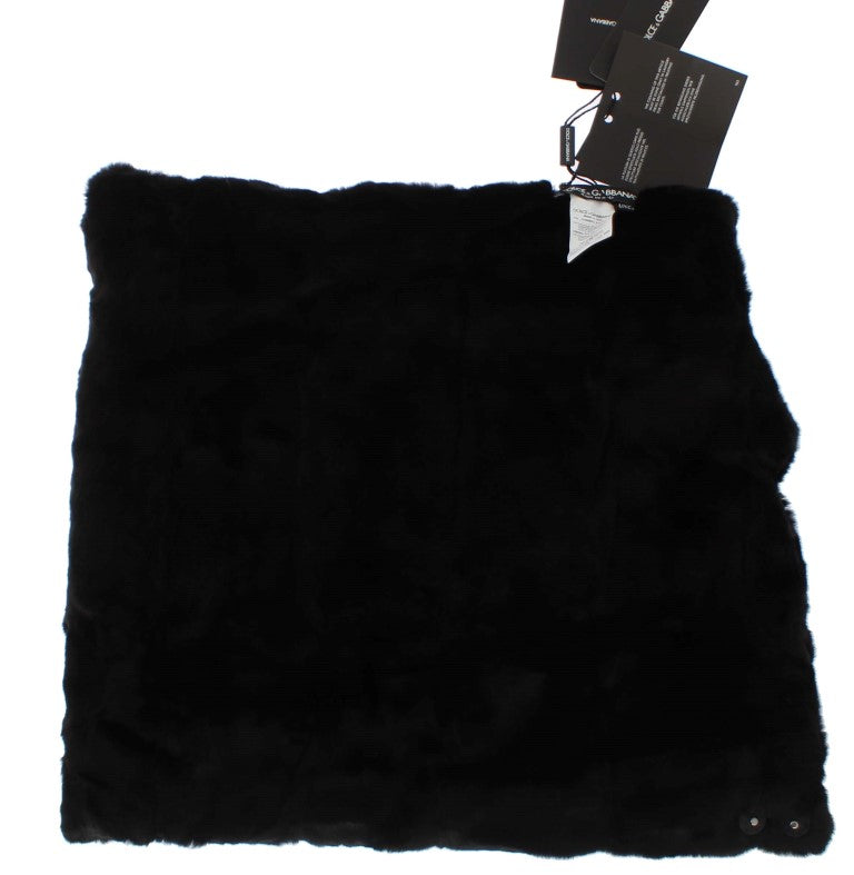 Schwarzer Wieselfell Häkelmütze mit Kapuze und Schal