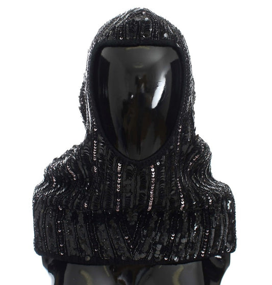 Schwarzer Strickschal mit Paillettenkapuze