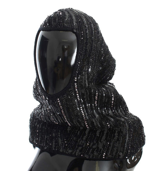 Schwarzer Strickschal mit Paillettenkapuze