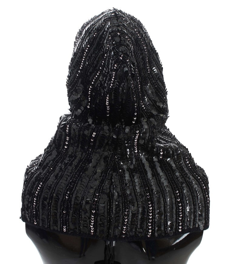 Schwarzer Strickschal mit Paillettenkapuze