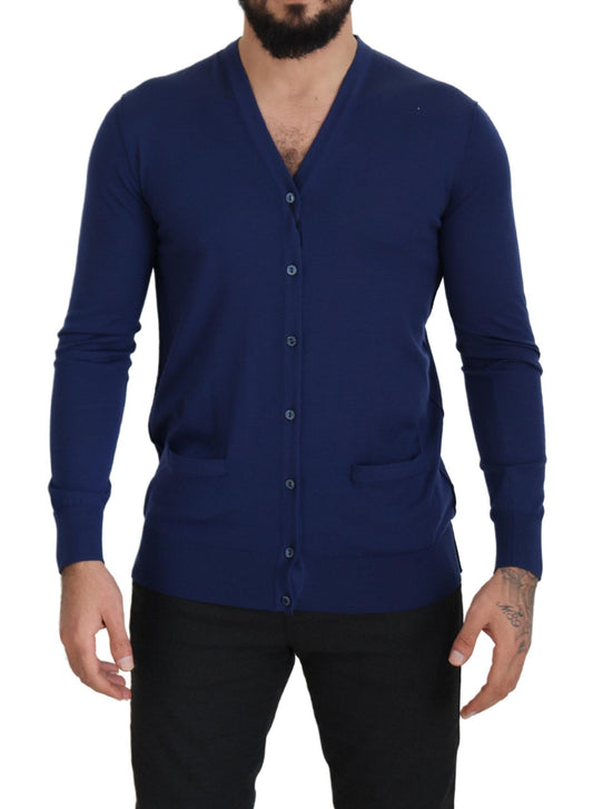 Blauer Cardigan aus Wolle mit V-Ausschnitt und Knopfleiste