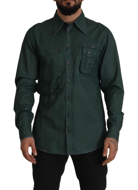 Dunkelgrünes Button-Down-Hemd mit langen Ärmeln