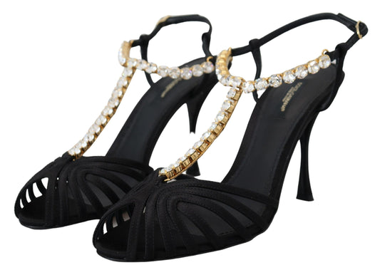 Schwarze Satin-Sandalen mit T-Riemen und durchsichtigem Kristall