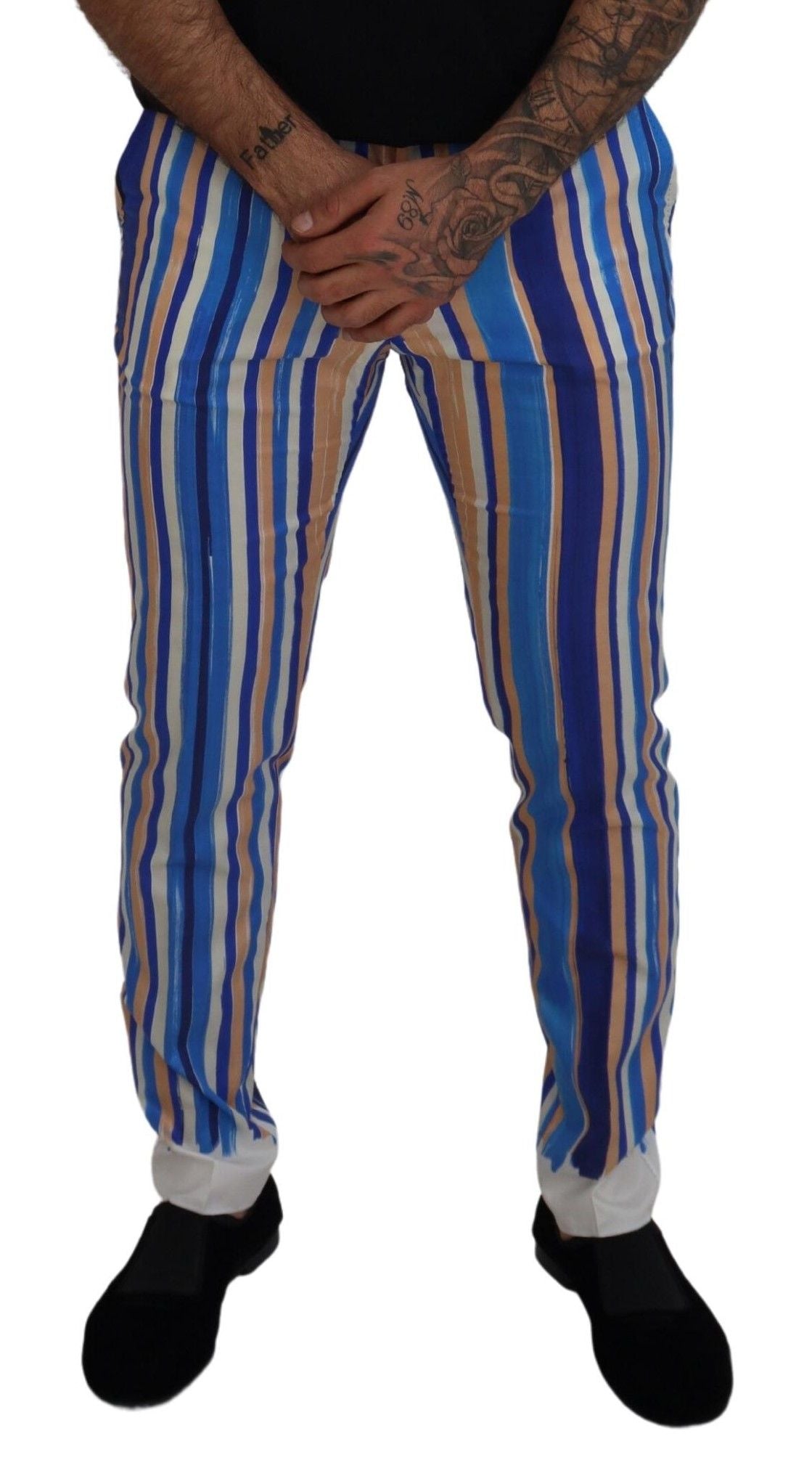 Blau gestreifte schmale Hose aus Seide und Baumwolle
