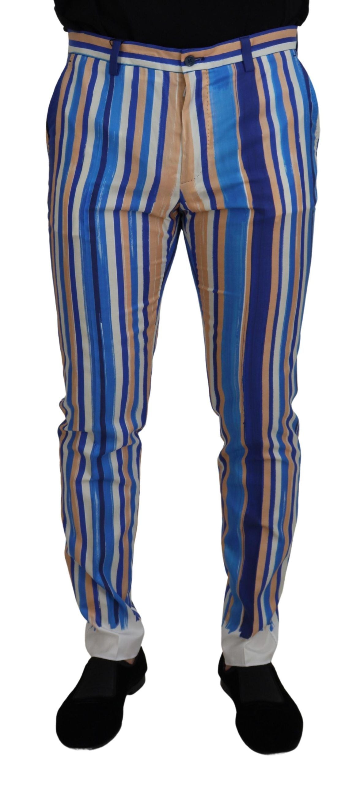 Blau gestreifte schmale Hose aus Seide und Baumwolle