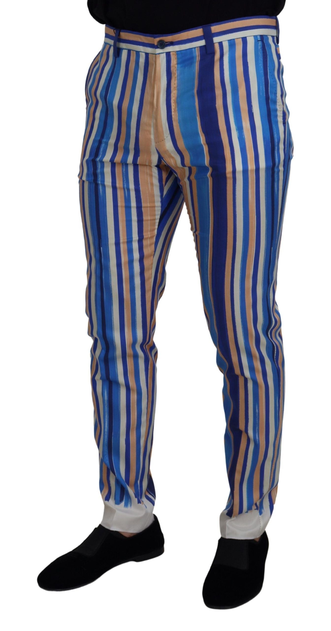 Blau gestreifte schmale Hose aus Seide und Baumwolle