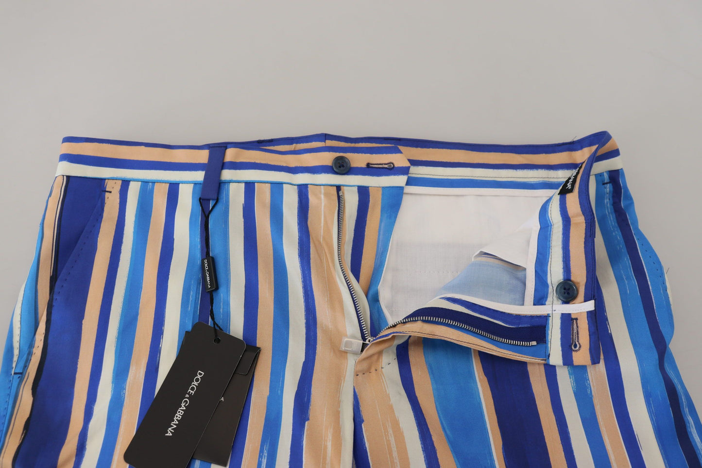 Blau gestreifte schmale Hose aus Seide und Baumwolle