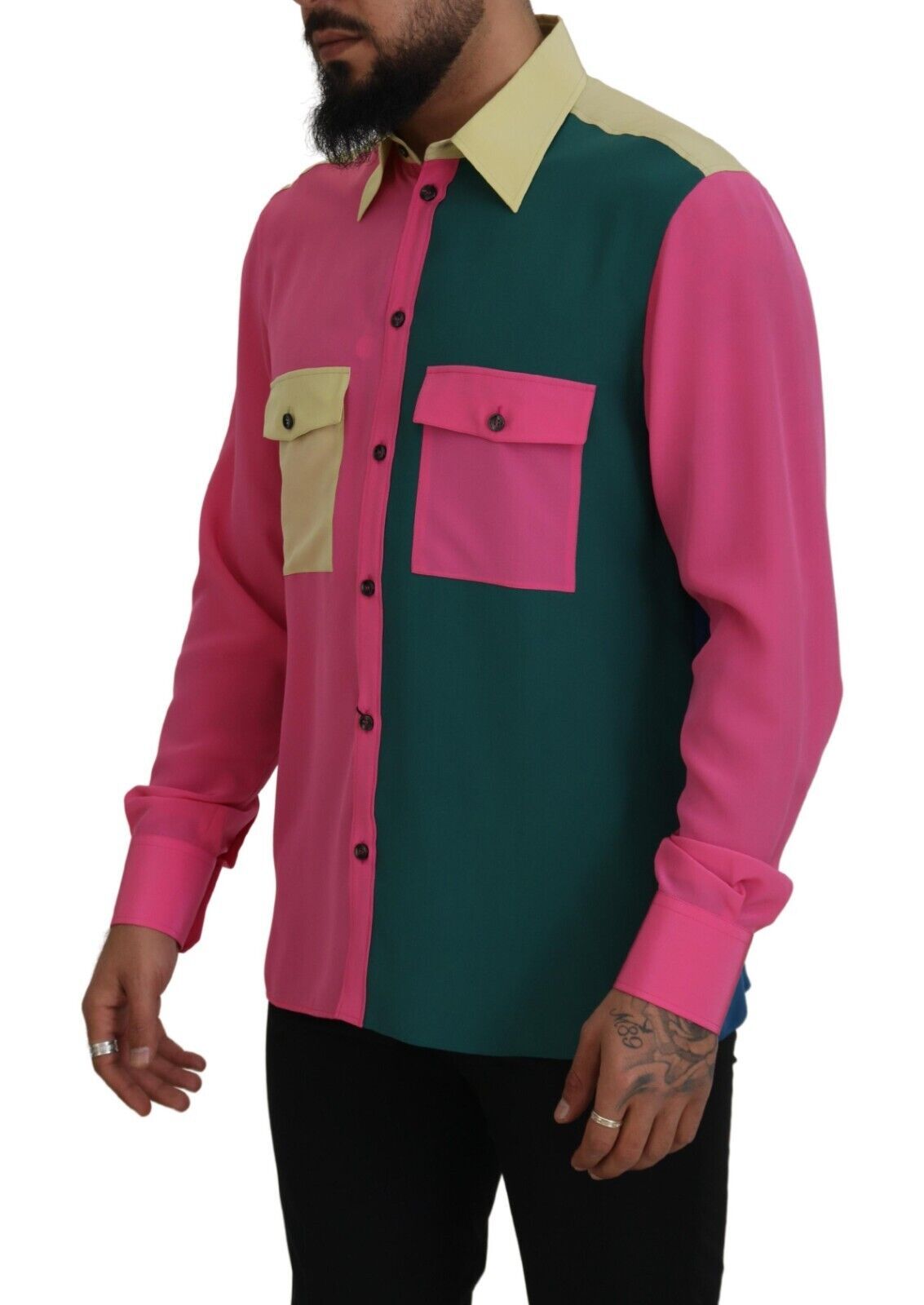 Mehrfarbiges Patchwork-Button-Down-Hemd aus Seide