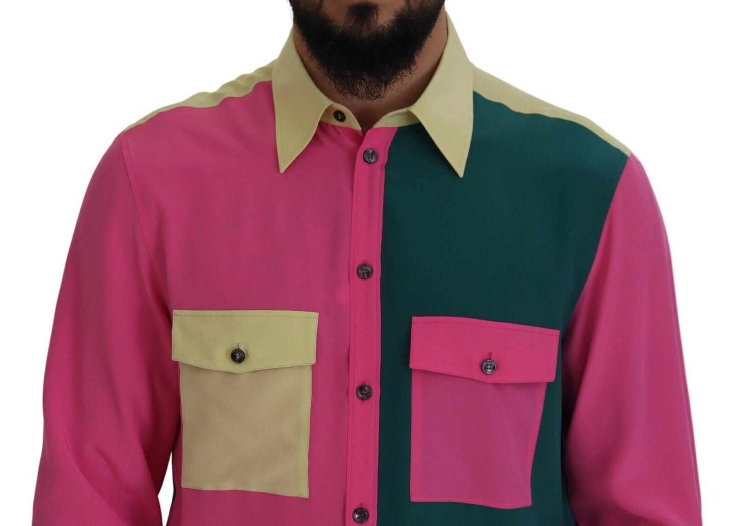 Mehrfarbiges Patchwork-Button-Down-Hemd aus Seide
