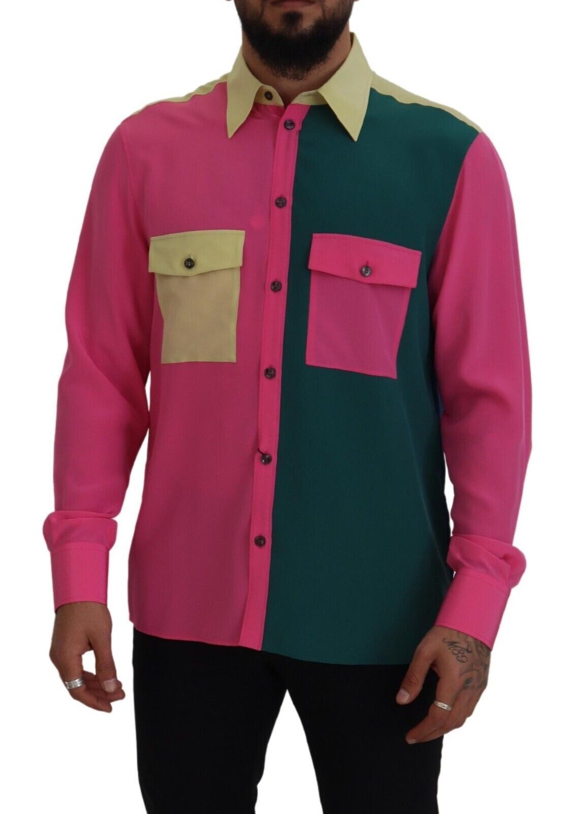 Mehrfarbiges Patchwork-Button-Down-Hemd aus Seide