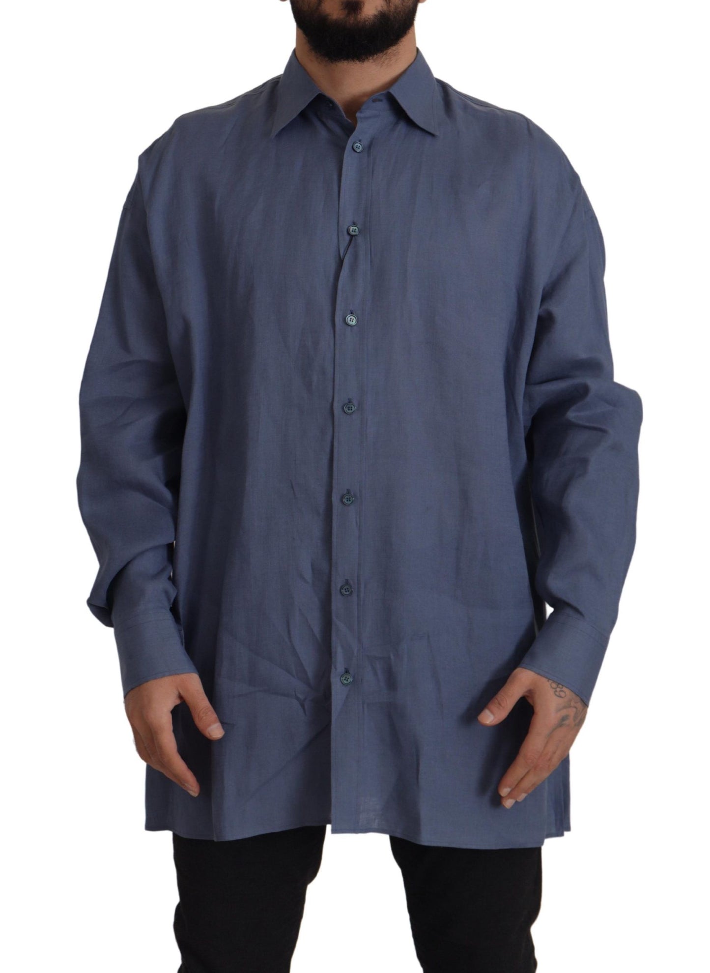 Dunkelblaues Slim Fit Herrenhemd aus Leinen