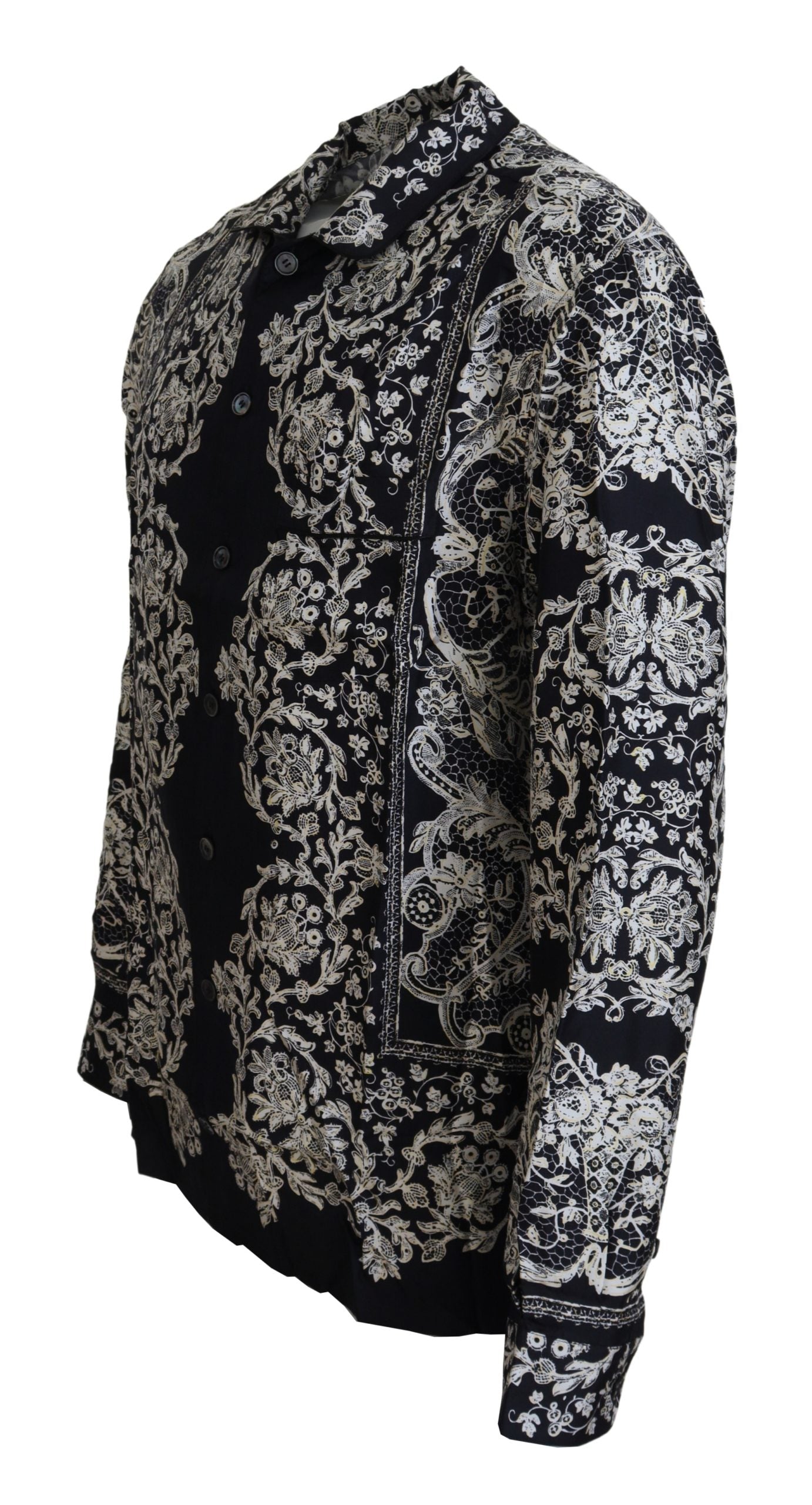 Blaues Freizeithemd aus Seidensatin mit Blumenmuster im Barockstil