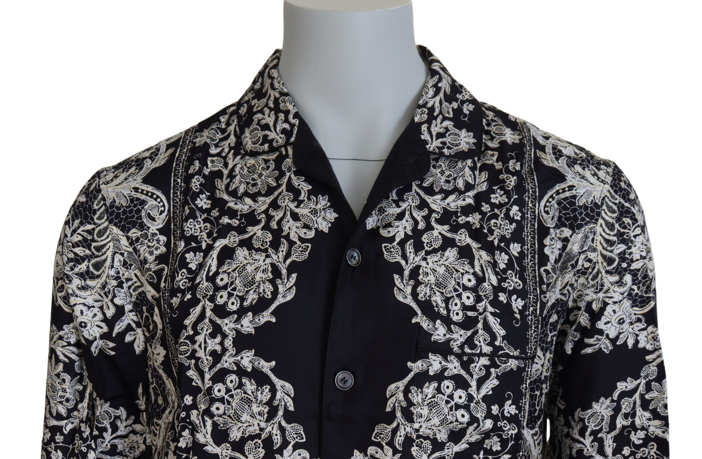 Blaues Freizeithemd aus Seidensatin mit Blumenmuster im Barockstil