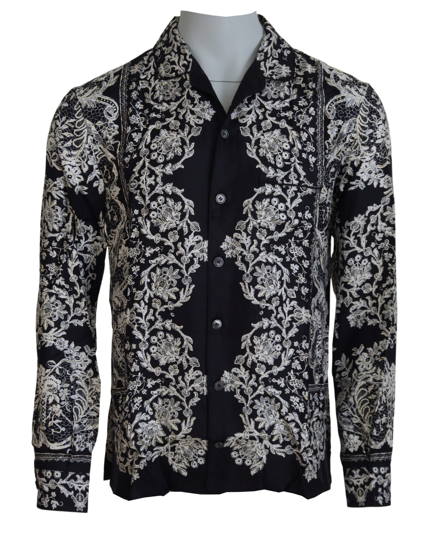 Blaues Freizeithemd aus Seidensatin mit Blumenmuster im Barockstil