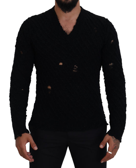 Schwarzer Strickpullover aus Wolle mit V-Ausschnitt