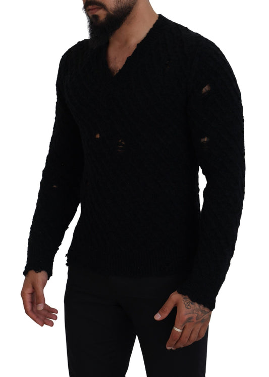 Schwarzer Strickpullover aus Wolle mit V-Ausschnitt
