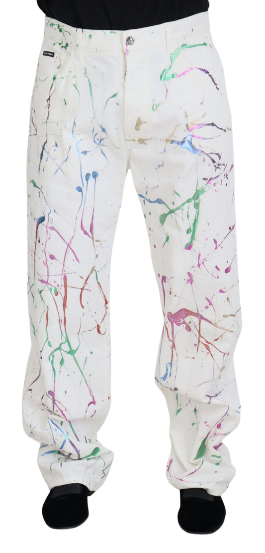 Weiße Jeanshose aus Baumwolle mit Farbspritzer-Print