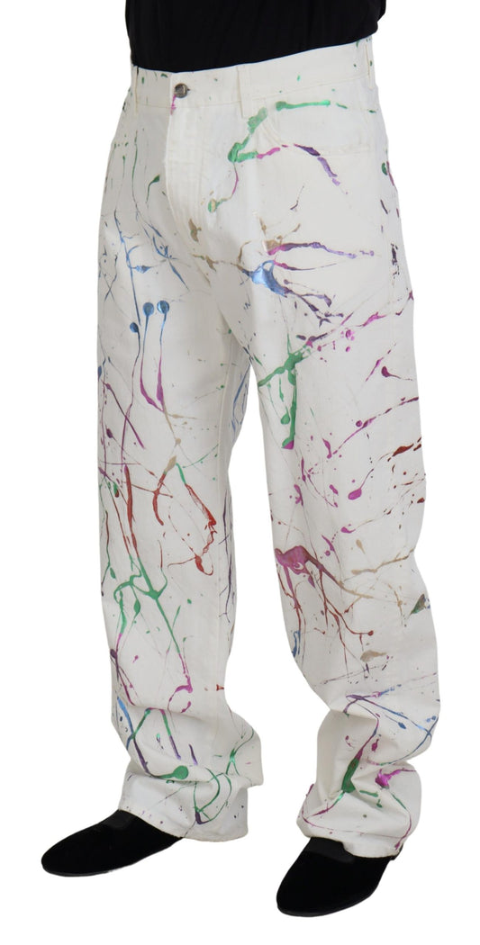Weiße Jeanshose aus Baumwolle mit Farbspritzer-Print