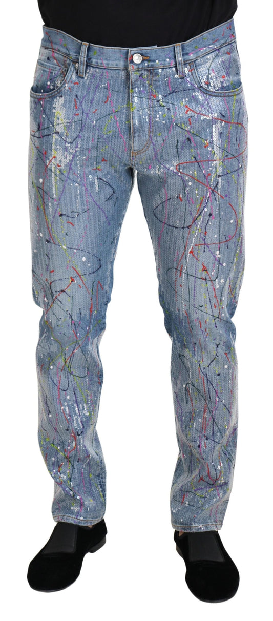 Blaue Jeans aus Baumwoll-Denim mit Farbspritzer-Print