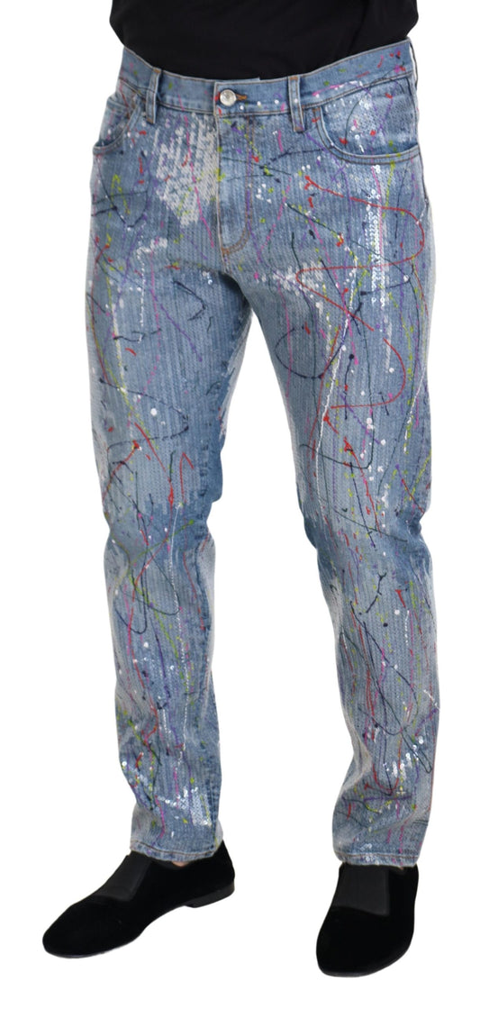 Blaue Jeans aus Baumwoll-Denim mit Farbspritzer-Print