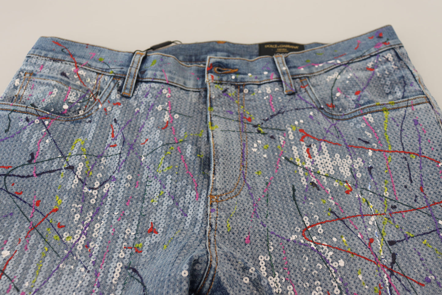 Blaue Jeans aus Baumwoll-Denim mit Farbspritzer-Print