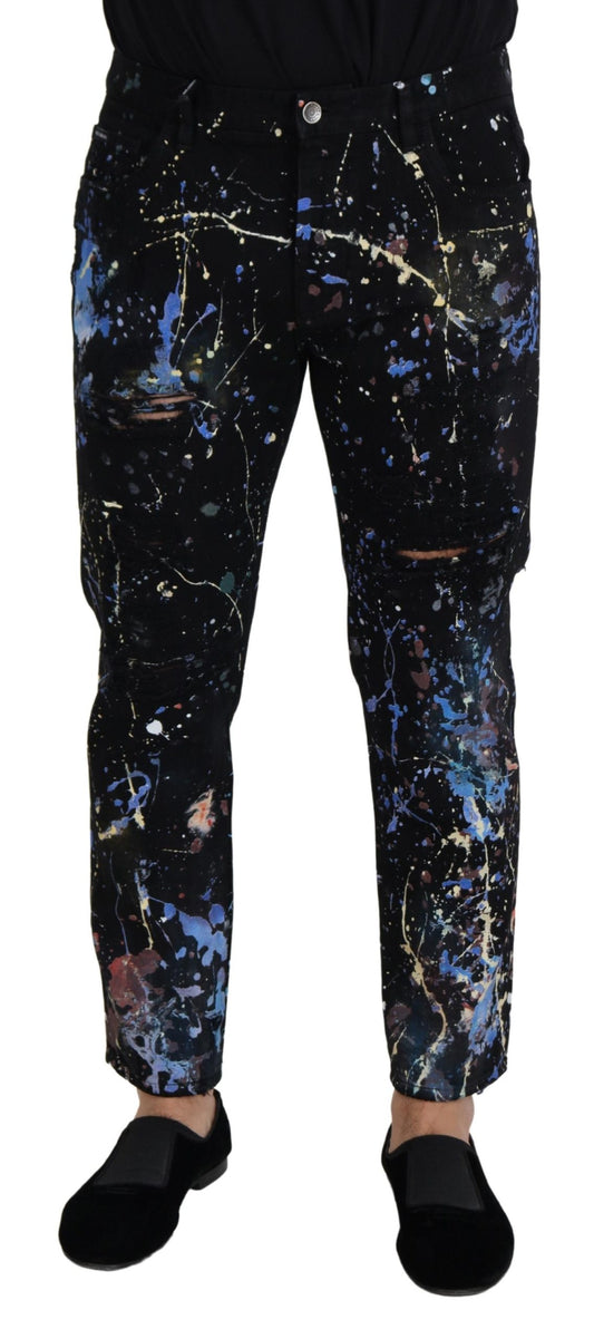 Schwarze Jeans aus Baumwoll-Denim mit Farbspritzer-Print