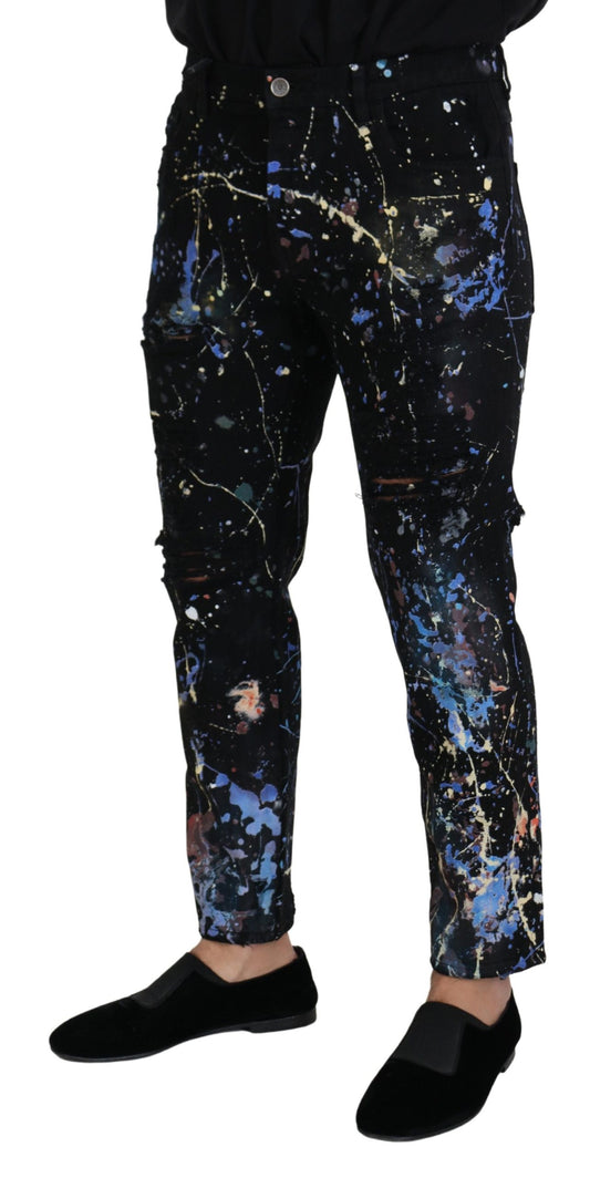 Schwarze Jeans aus Baumwoll-Denim mit Farbspritzer-Print