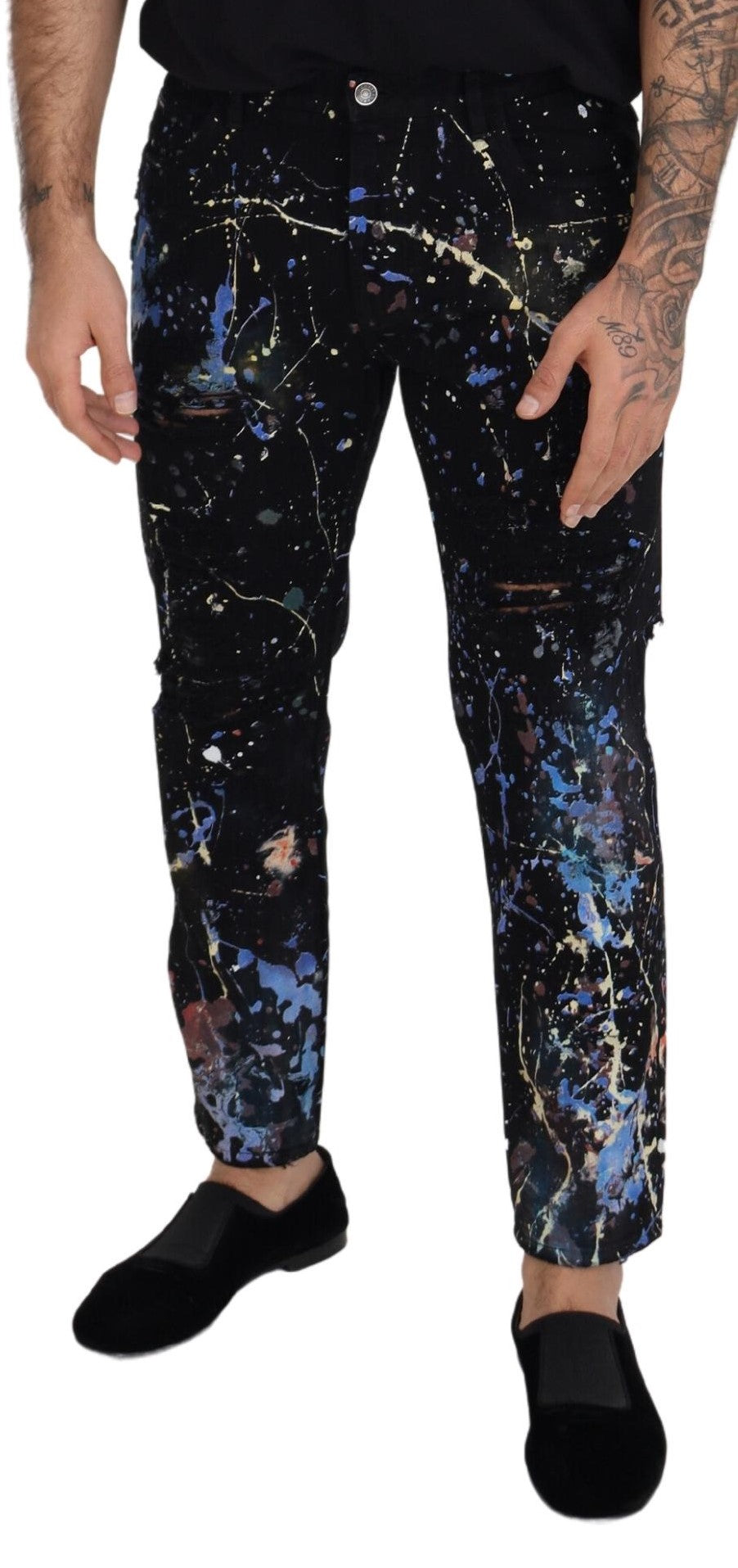 Schwarze Jeans aus Baumwoll-Denim mit Farbspritzer-Print