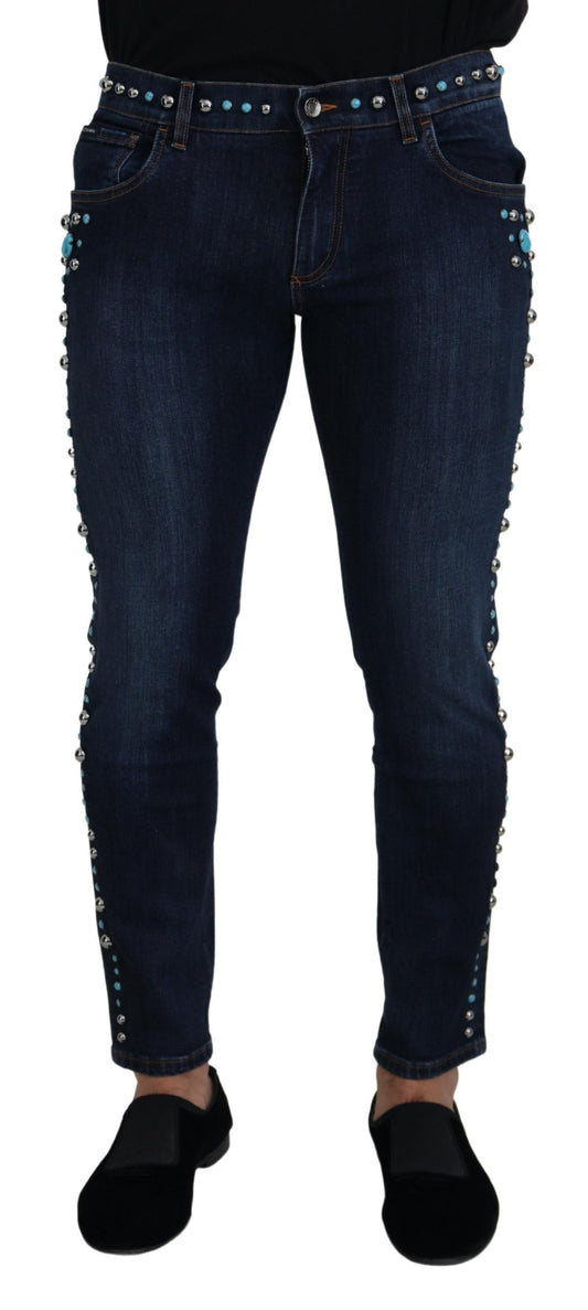 Blaue Jeans aus Baumwolle mit Nieten und niedriger Taille
