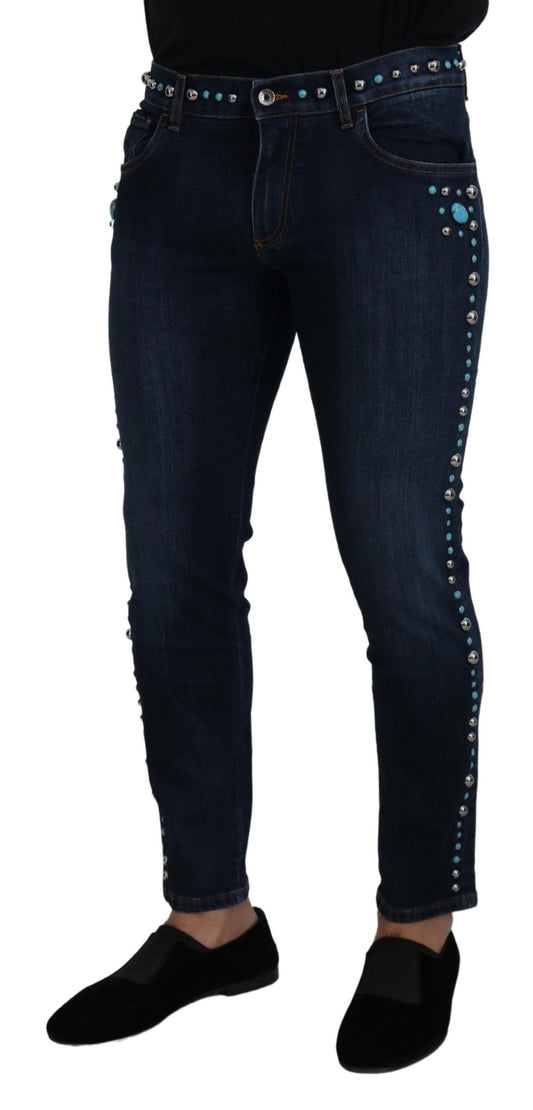 Blaue Jeans aus Baumwolle mit Nieten und niedriger Taille