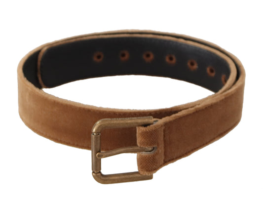 Brauner Samtgürtel mit bronzefarbener Vintage-Logoschnalle aus Metall