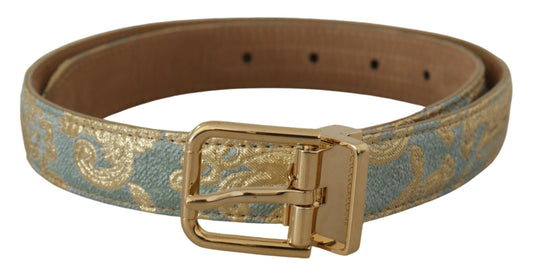 Blauer Ledergürtel aus Jacquard mit geprägter goldener Metallschnalle