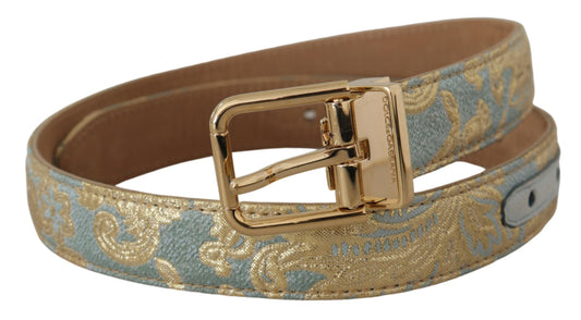 Blauer Ledergürtel aus Jacquard mit geprägter goldener Metallschnalle