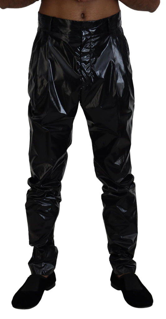 Schwarze, glänzende Nylon-Skinny-Herrenhose