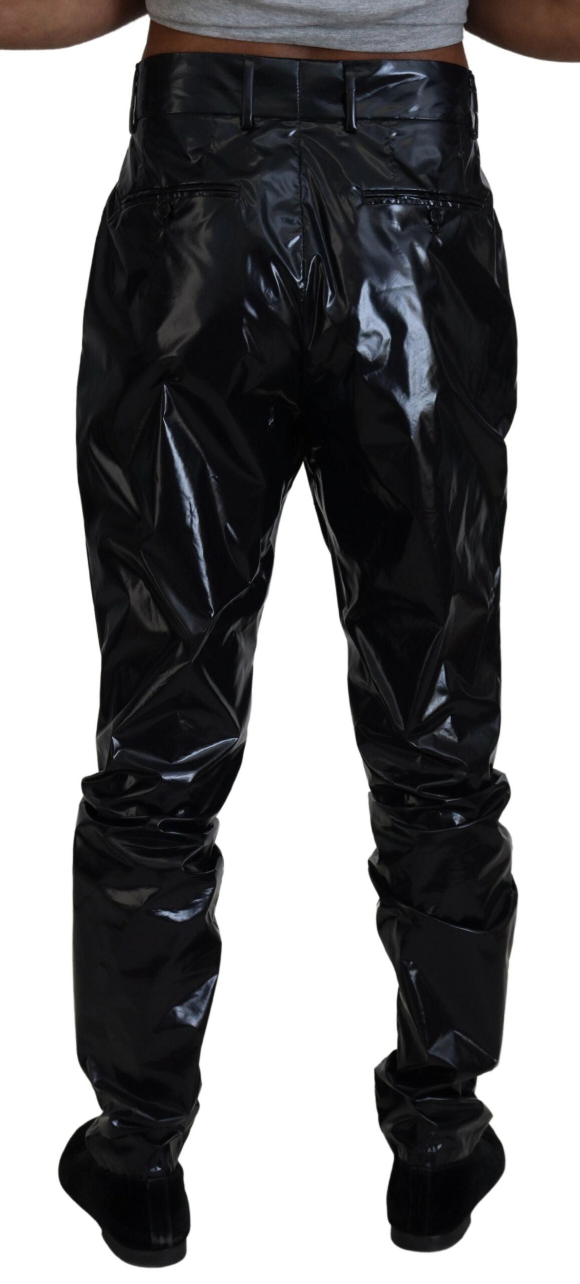 Schwarze, glänzende Nylon-Skinny-Herrenhose
