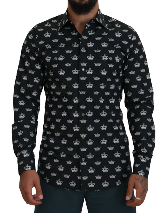 Schwarzes, schmales Hemd mit Kronen-Print in Gold
