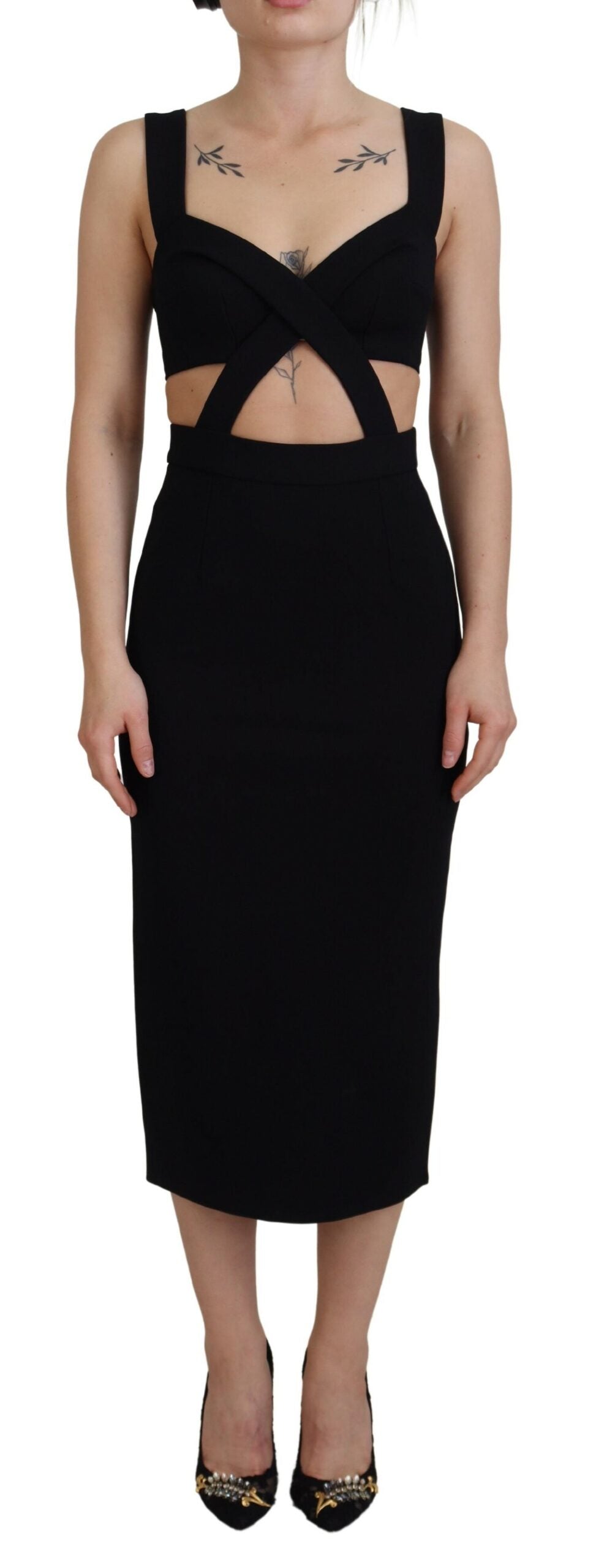 Schwarzes, figurbetontes Midikleid aus Viskose